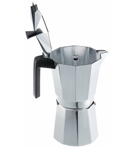 Valira VITRO 12T Italian coffee pot in silver aluminum for brewing 12 cups, ideal for home and kitchen use.