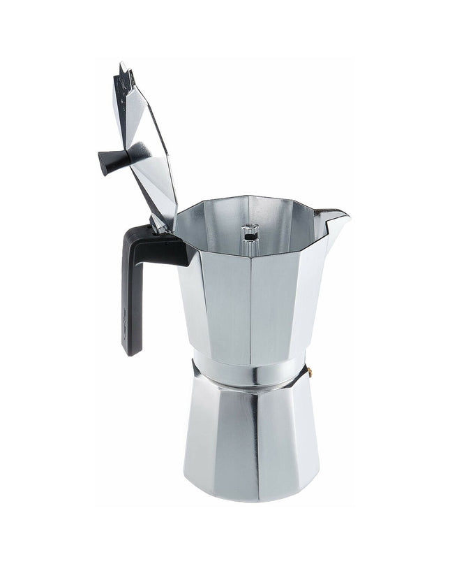 Valira VITRO 12T Italian coffee pot in silver aluminum for brewing 12 cups, ideal for home and kitchen use.