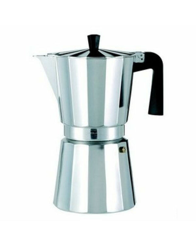 Valira Vitro 12T Italian coffee pot in silver aluminum for brewing 12 cups, suitable for home cooking and coffee preparation.