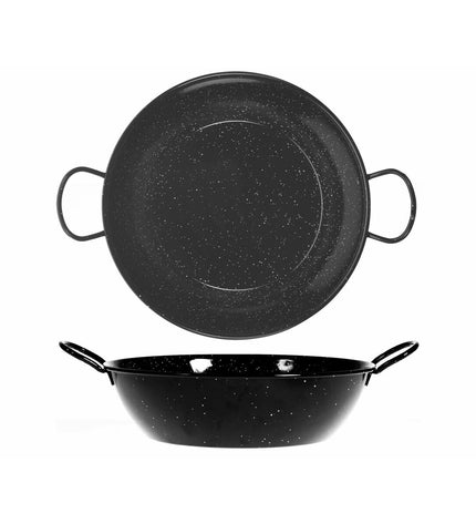 Black enameled steel deep pan with handle, 30cm diameter, by Vaello, suitable for home cooking and kitchen use.