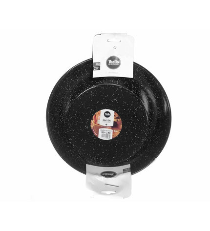 Black enameled steel deep pan with handle, 30 cm diameter, from Vaello for cooking and kitchen use.