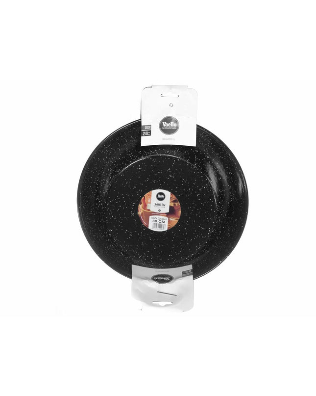 Black enameled steel deep pan with handle, 30 cm diameter, from Vaello for cooking and kitchen use.