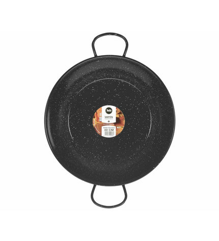 Vaello black enameled steel deep pan with handle, 30 cm diameter, ideal for cooking and household kitchen use.