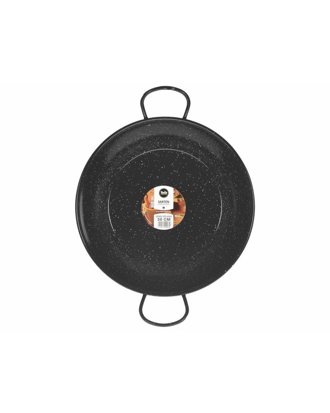 Vaello black enameled steel deep pan with handle, 30 cm diameter, ideal for cooking and household kitchen use.