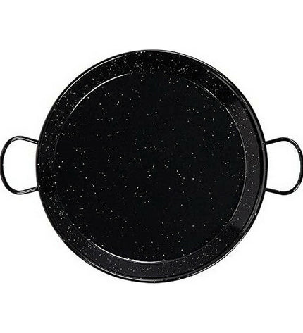 Deep black enameled steel frying pan with handle, 38 cm diameter, by Vaello, suitable for home cooking and kitchen use.