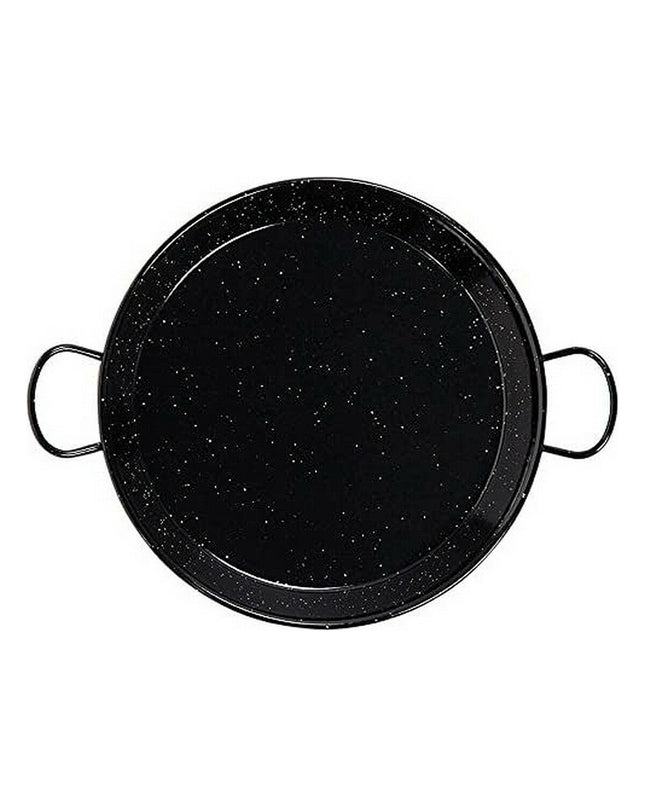 Deep black enameled steel frying pan with handle, 38 cm diameter, by Vaello, suitable for home cooking and kitchen use.