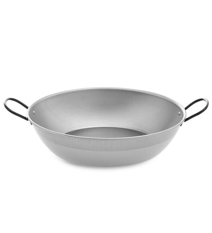 Polished steel deep pan with handle, Vaello brand, 38 cm diameter, ideal for cooking and kitchen use.