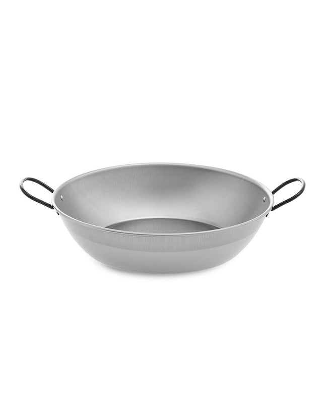 Polished steel deep pan with handle, Vaello brand, 38 cm diameter, ideal for cooking and kitchen use.