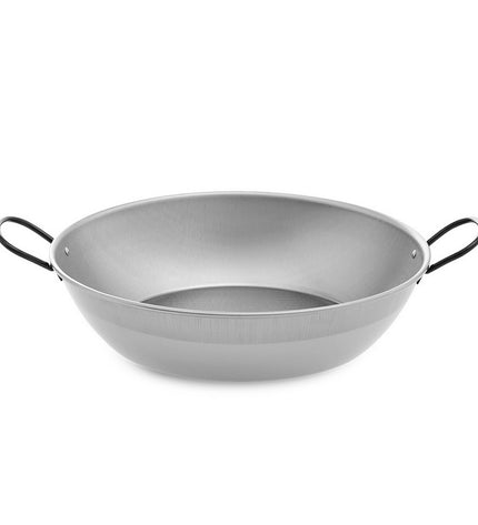 Vaello deep frying pan with handle, polished chrome steel, 50cm diameter, ideal for kitchen cooking and home use.