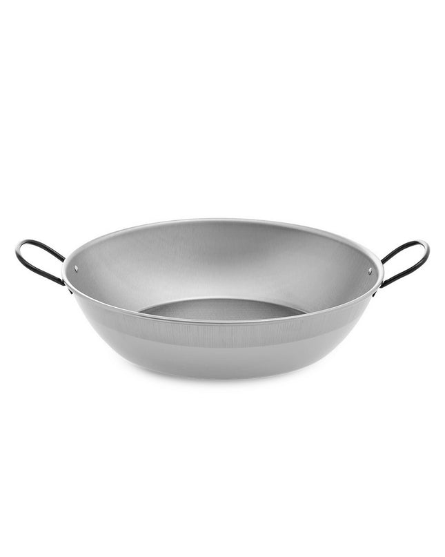 Vaello deep frying pan with handle, polished chrome steel, 50cm diameter, ideal for kitchen cooking and home use.