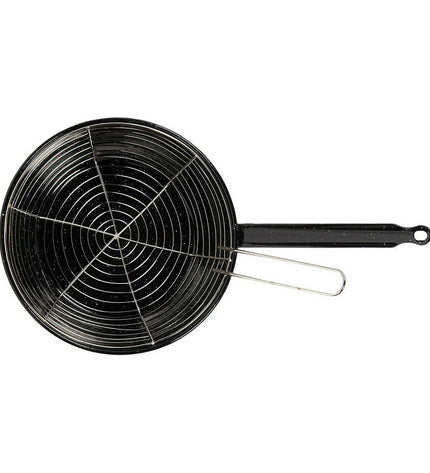 Vaello black enameled steel frying pan with mesh basket, 24 cm diameter, suitable for home and kitchen cooking.