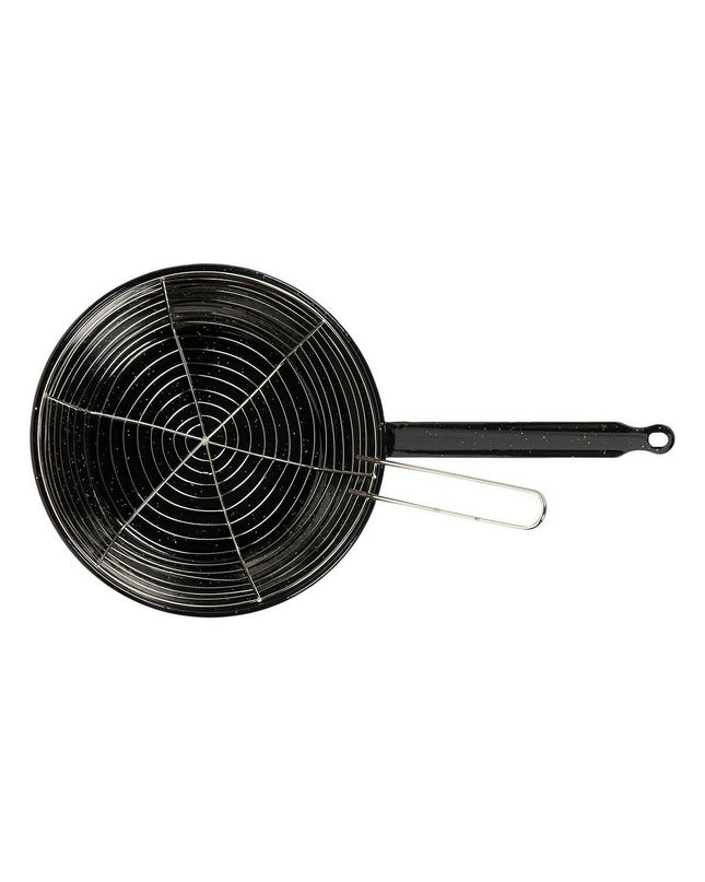 Vaello black enameled steel frying pan with mesh basket, 24 cm diameter, suitable for home and kitchen cooking.