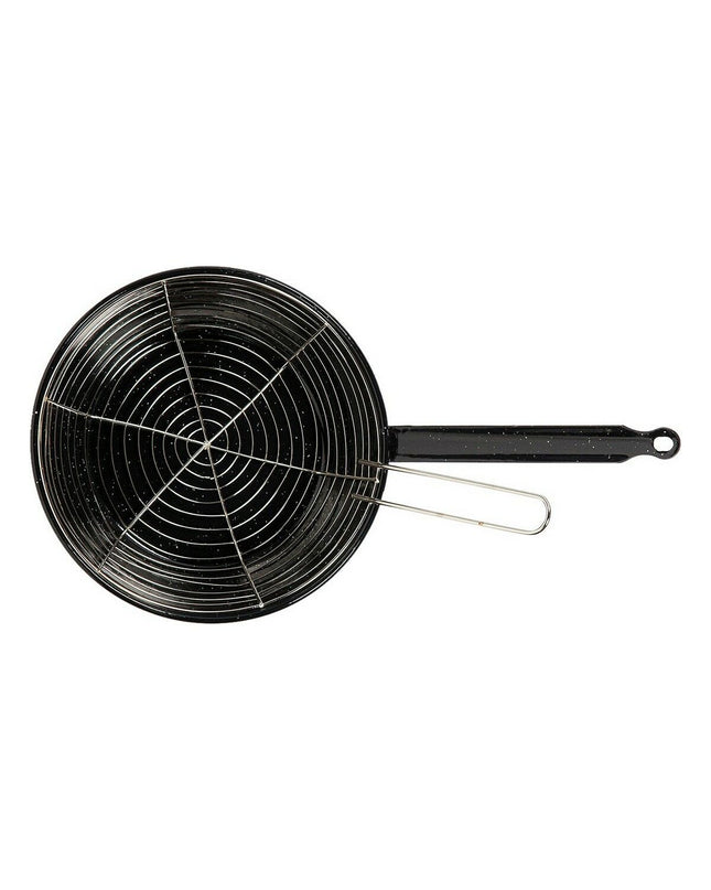 Black enameled steel 26cm Vaello frying pan with a wire rack, ideal for cooking and kitchen use.