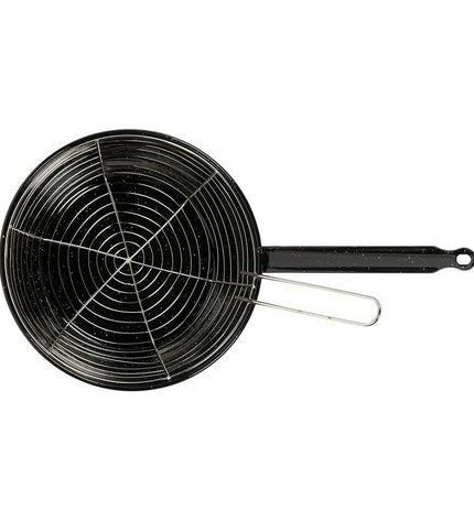 Vaello black enameled steel 28cm cookware with built-in basket, ideal for house and kitchen cooking tasks.