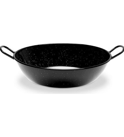 Black enameled steel deep pan with handle, 28 cm diameter, by Vaello for home cooking and kitchen use.