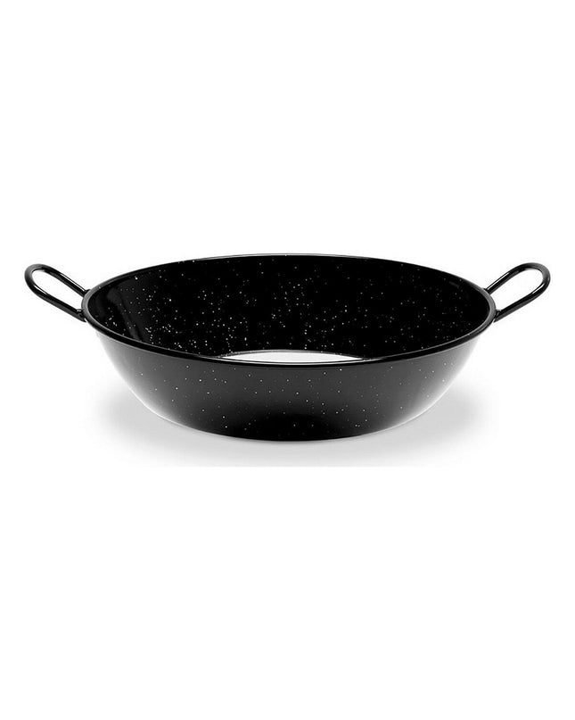 Black enameled steel deep pan with handle, 28 cm diameter, by Vaello for home cooking and kitchen use.