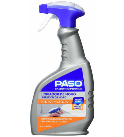 Paso Anti-vochtigheid spray 500 ml for removing mold and moisture, shown in a household cleaning setting.