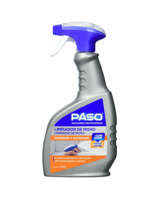 Paso Anti-vochtigheid spray 500 ml for removing mold and moisture, shown in a household cleaning setting.