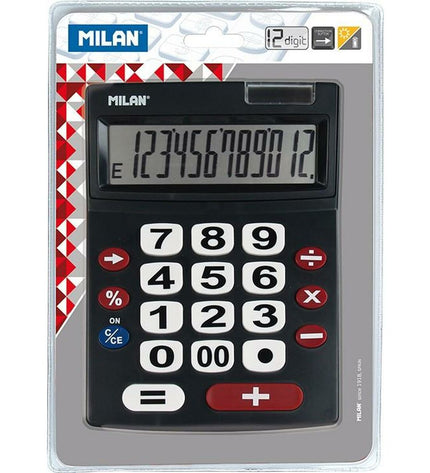 Milan black calculator with 22.5 x 14 x 3 cm size, office electronics and stationery, digital display and keypad.