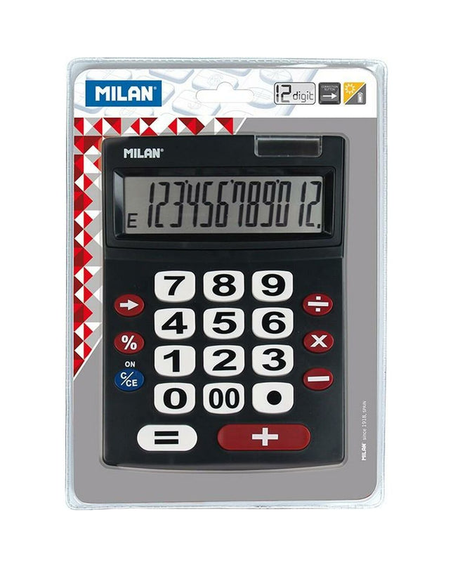 Milan black calculator with 22.5 x 14 x 3 cm size, office electronics and stationery, digital display and keypad.