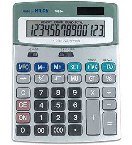 Milan white metal calculator with silver finish, 18.5 x 14 x 2 cm, suitable for office supplies and electronic office tools.