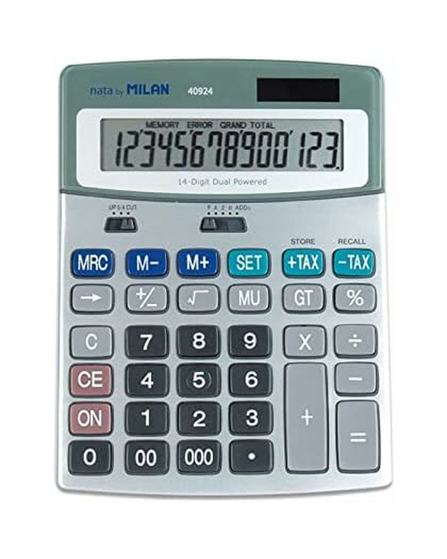 Milan white metal calculator with silver finish, 18.5 x 14 x 2 cm, suitable for office supplies and electronic office tools.