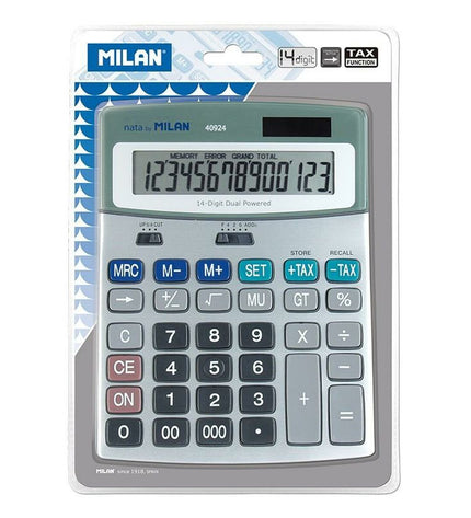 Milan white metal calculator with silver finish, 18.5 x 14 x 2 cm, suitable for office electronics and stationery.