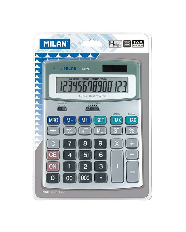 Milan white metal calculator with silver finish, 18.5 x 14 x 2 cm, suitable for office electronics and stationery.