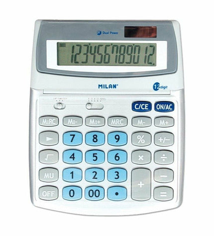 Milan Rekenmachine 152512BL wit metaal, kantoorartikel en elektronische rekenmachine, zichtbaar met numerieke toetsen en display