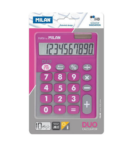 Milan white and pink calculator with compact design, office electronics, showing keys and display screen.
