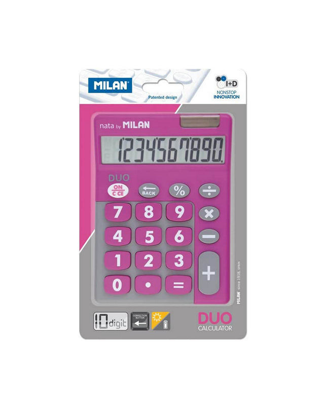Milan white and pink calculator with compact design, office electronics, showing keys and display screen.