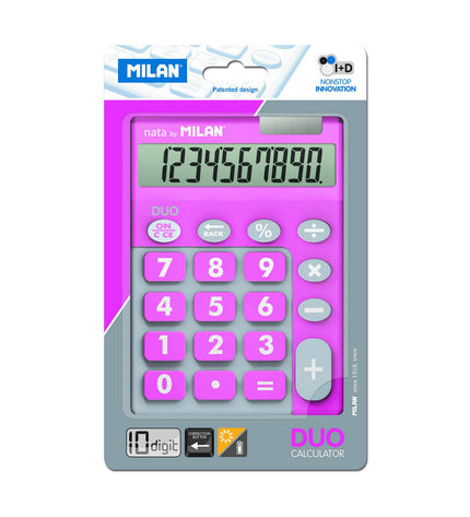 Milan white and pink calculator with compact size, office electronics, showing buttons and display screen on a clean background.
