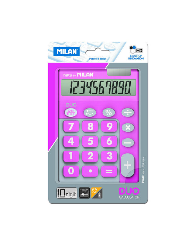 Milan white and pink calculator with compact size, office electronics, showing buttons and display screen on a clean background.