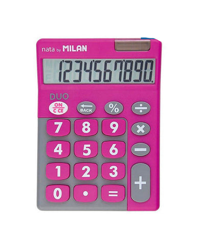 Milan white and pink calculator with dimensions 14.5 x 10.6 x 2.1 cm, suitable for office and stationery use.