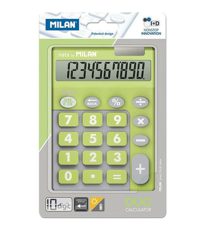 Green Milan DUO calculator for office use, compact 14.5 x 10.6 x 2.1 cm, with digital display and keypad.