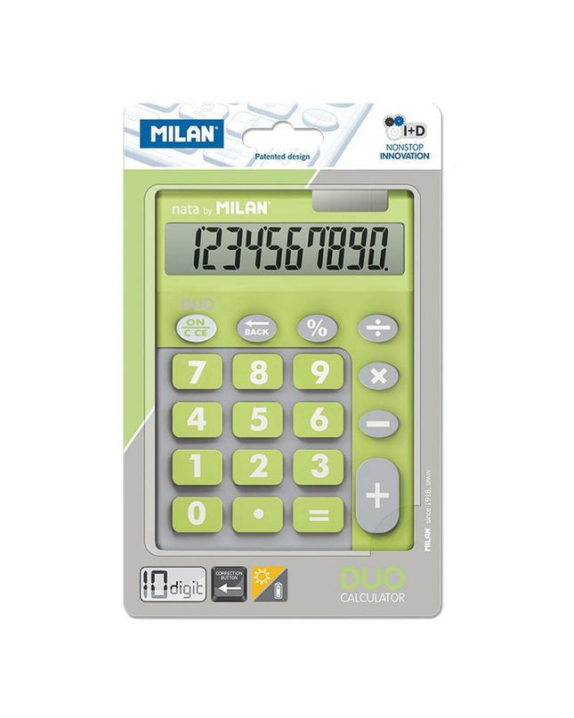 Green Milan DUO calculator for office use, compact 14.5 x 10.6 x 2.1 cm, with digital display and keypad.
