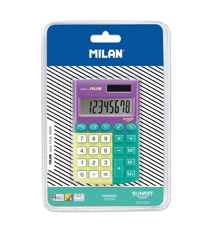 Milan pocket calculator Sunset PVC, compact office electronics and stationery, black with colorful design, for quick calculations.