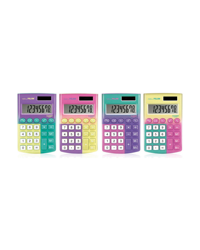 Milan pocket calculator in Sunset PVC with digital display, ideal for office electronics and stationery use.