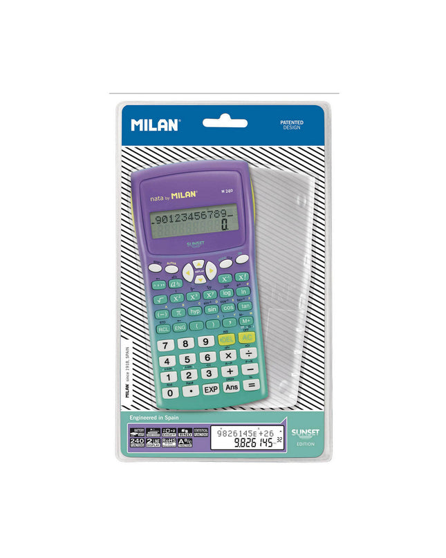 Milan M240 Sunset scientific calculator for office and school use, featuring a digital display and multiple calculation functions