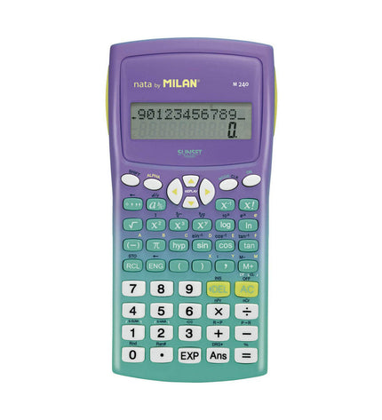 Milan M240 Sunset scientific calculator with digital display and keypad, designed for office and academic use.