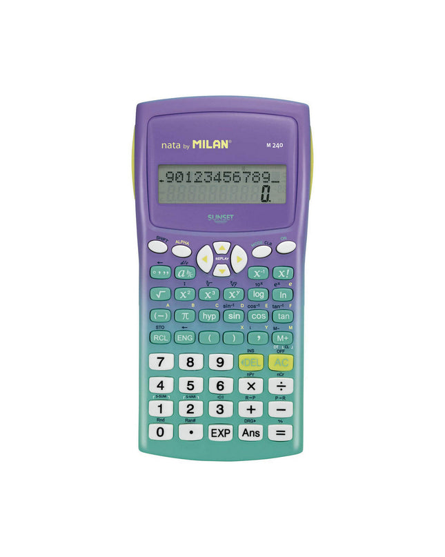 Milan M240 Sunset scientific calculator with digital display and keypad, designed for office and academic use.