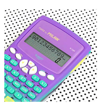 Milan M240 Sunset scientific calculator with digital display, black and orange design, suitable for office and school use