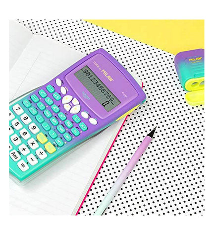 Milan M240 Sunset scientific calculator with digital display, black and orange design, used for office and academic calculations.