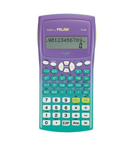 Milan M240 Sunset scientific calculator with display and buttons, designed for office and school use.