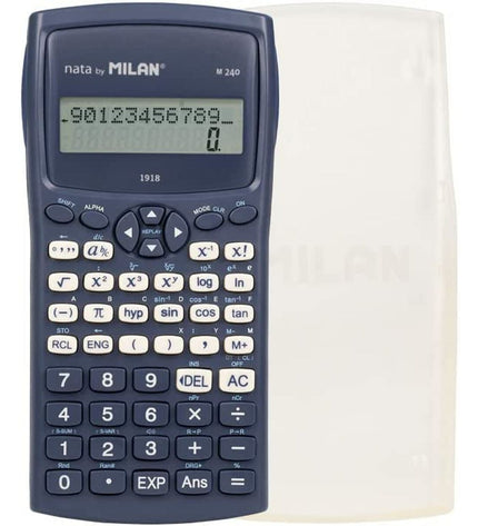 Milan M240-1918 scientific calculator in blue, 16.7 x 8.4 x 1.9 cm, designed for office and school use.