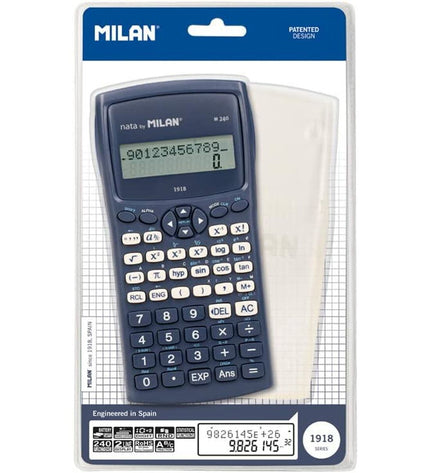 Blue Milan M240-1918 scientific calculator with digital display, compact design, ideal for office and school use.