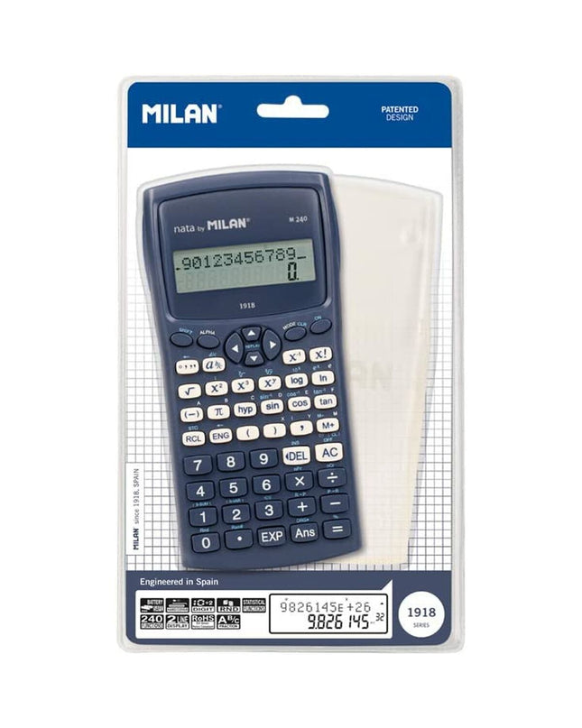 Blue Milan M240-1918 scientific calculator with digital display, compact design, ideal for office and school use.