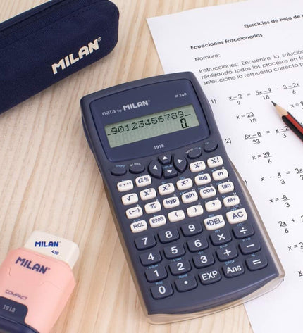 Blue Milan M240 scientific calculator with digital display, compact size perfect for office and academic use.