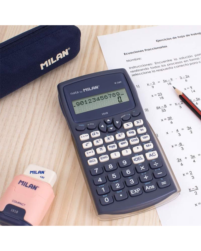 Blue Milan M240 scientific calculator with digital display, compact size perfect for office and academic use.