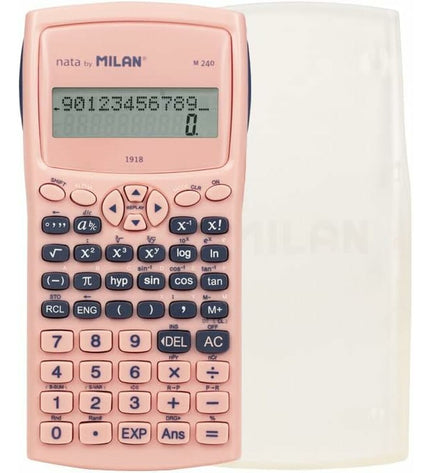 Pink Milan M240 scientific calculator from the 1918 series, featuring a digital display and multiple scientific functions.